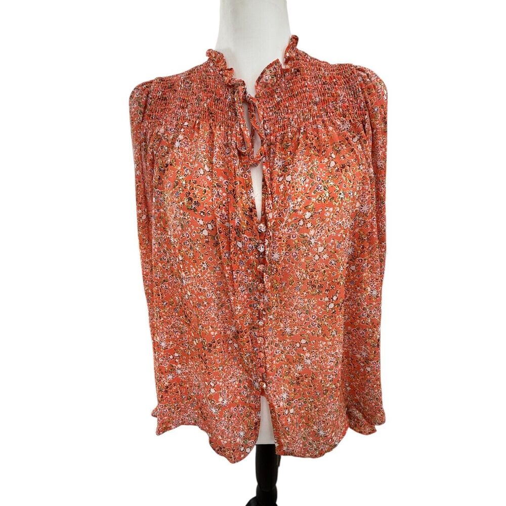 Free People‎ Romantic Feminine Ditsy Coral Ruffled Puff Sleeve Boho Blouse